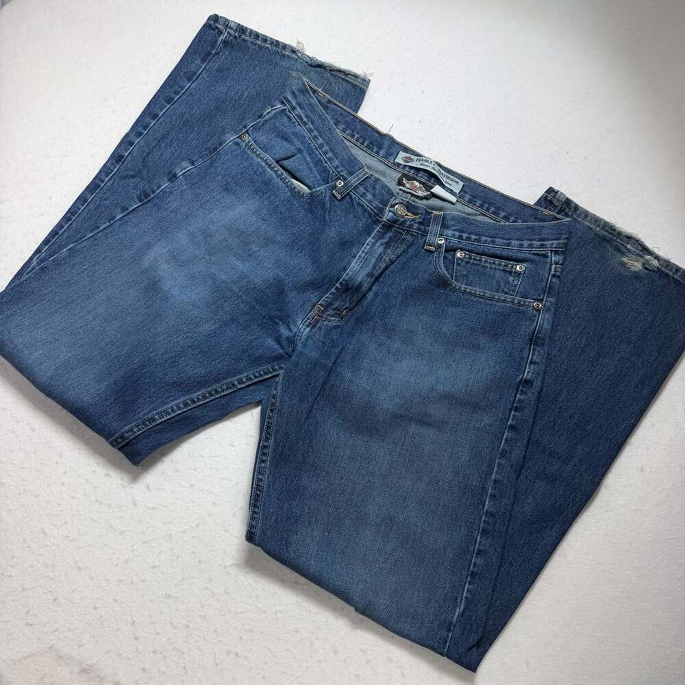 Y2K Harley Davidson Distressed Jeans Size 33x34 Blue Denim Pants